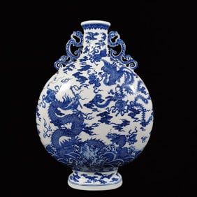 An Exquisite Blue and White Dragon and Phoenix Pattern Double-Ears Vase