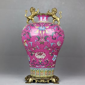 A Huge Famille-Rose Lotus Pattern Inlaid Bronze Lion-Ears Vase