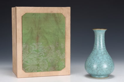 An Exquisite Ru yao Sky Blue Glazed Painted Gold Vase