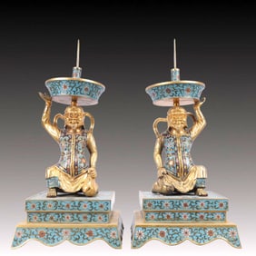 A Pair of Huge Cloisonne Figure Candlesticks