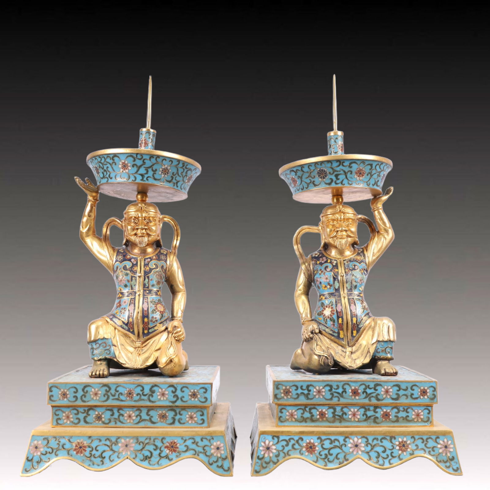 A Pair of Huge Cloisonne Figure Candlesticks: A Pair of Huge Cloisonne Figure Candlesticks,Qing Dynasty, China,Size:7.9inx17.7in,Total Weight:6600g 一对景泰蓝人物烛台,中国清&