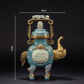 A Fine Cloisonne Inlaid White Jade Lotus Pattern Ewer