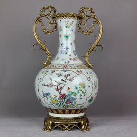 A Huge Famille-Rose Flower and Bird Pattern Inlaid Bronze Flower Double-Ears Vase