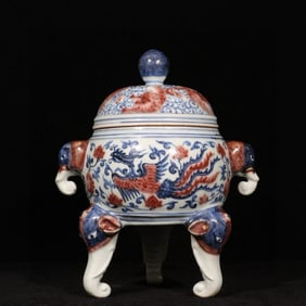 An Exquisite Blue and White Underglaze-Red Phoenix Pattern Elephant-Ears Tripod Censer