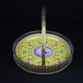 An Exquisite Famille-Rose Lotus and Phoenix Pattern Inlaid Bronze Plate