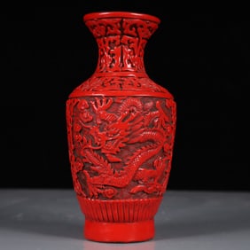 An Exquisite Carved Red Lacquer Auspicious Cloud and Dragon Pattern Vase