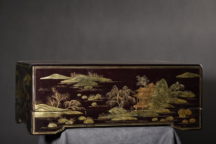 An Exquisite Carved Lacquer Painted Gold Landscape Pattern Box
