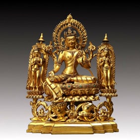A Solemn Gilt Bronze Statue of Tara,Inlaid Gems