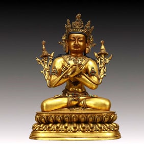 A Solemn Gilt Bronze Statue of Bodhisattva,Inlaid Turquoise,With Inscription
