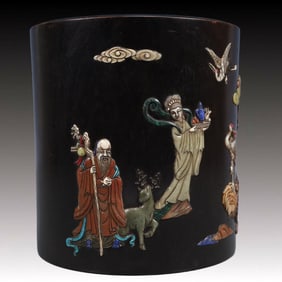 An Exquisite Zitanwood Landscape and Figure Pattern Brush Pot,Inlaid Gems,With Poem