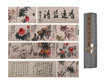 A Chinese Hand Scroll Ink Painting of Flower and Fruit on Paper