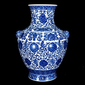 An Exquisite Blue and White Lotus Pattern Beast-Ears Vase