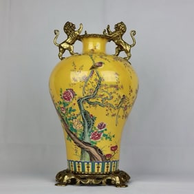 A Huge Famille-Rose Flower and Bird Pattern Inlaid Bronze Lion-Ears Vase,with Poem