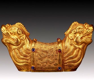 An Exquisite Gilt Bronze Inlaid Gems Dragon Pattern Beast Head Pillow