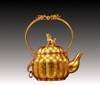 An Exquisite Gilt Bronze Flower Pattern Dragon-Handle Teapot