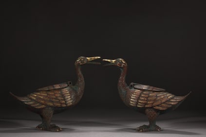 A Pair of Rare Bronze Inlaid Gold and Silver Duck-Shaped Censers
