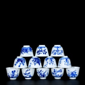 A Set of Exquisite Blue and White Flower Pattern Cups,With Poem