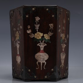 An Exquisite Zitanwood Inlaid Gems Flower Pattern Brush Pot