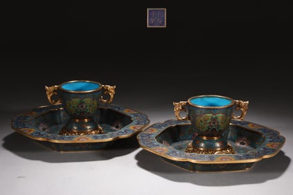 A Pair of Rare Cloisonne Lotus Pattern Dragon-Ears Cups