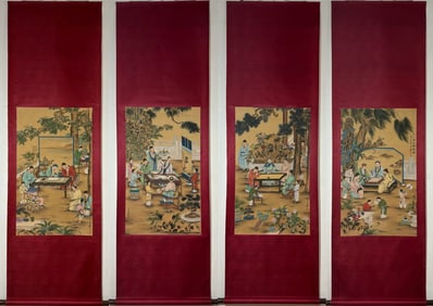 A Set of Chinese Vertical Scroll Ink Painting of Character and Story on Paper