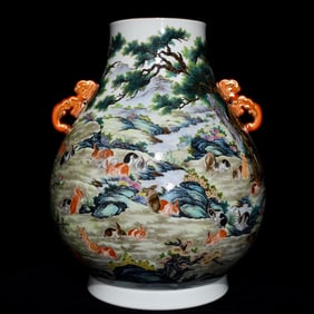 A Huge Famille-Rose Pine and Rabbit Pattern Double-Ears Vase