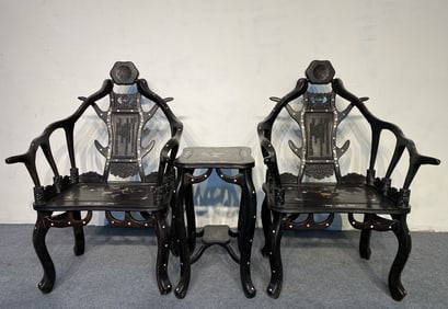A Set of Fine Zitanwood Deer Antler End Table and Armchairs,With poem