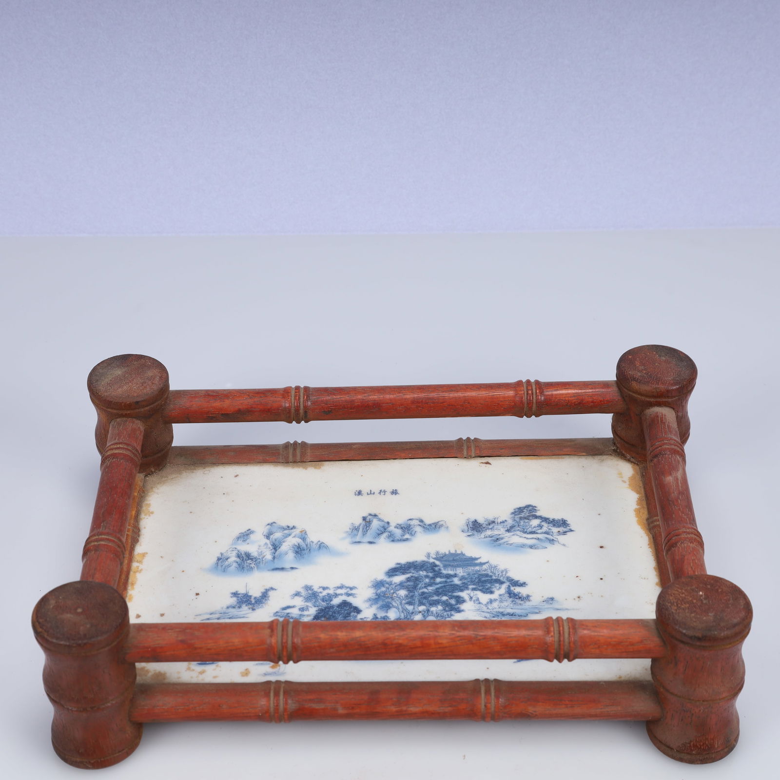 A Rare huali wood Inlaid Porcelain Plaques Landscape Pattern End Table: A Rare huali wood Inlaid Porcelain Plaques Landscape Pattern End Table,Qing Dynasty, China,Size:11.8inx10.8inx3in,Weight:1000g 花梨木嵌瓷板山水纹&