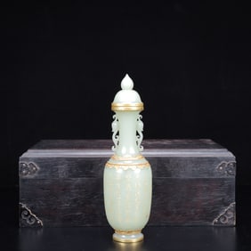 An Exquisite White Jade Cover with Gold Poem Double-Ears Bottle