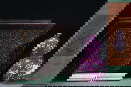 A Rare Purple Glazed Famille-Rose Bats and Peach Pattern Gourd-Shaped Vase,With Chinese Vertical