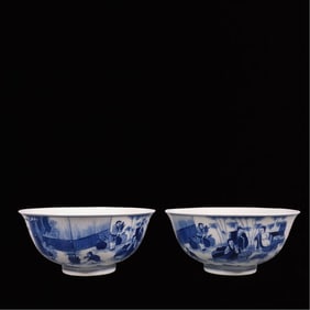 A Pair of Exquisite Blue and White Figure and Story Pattern Bowls