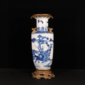 An Exquisite Blue and White Gilt Bronze Figure Pattern Double-Ears Vase
