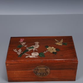 An Exquisite Huanghuali wood Inlaid Gems Flower and Bird Pattern Box