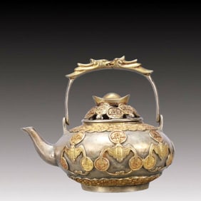A Rare Gilt Silver Bats Pattern Teapot