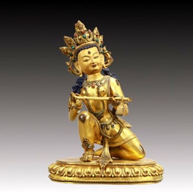 A Solemn Gilt Bronze Statue of Bodhisattva,Inlaid Turquoise