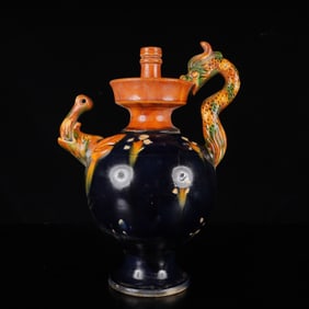 An Exquisite Tang Tri-Color Glazed Pottery Dragon Pattern Double-Ears Vase