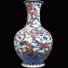A Huge Blue and White Underglaze-Red Auspicious Cloud and Dragon Pattern Vase