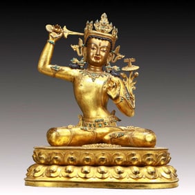 A Solemn Gilt Bronze Statue of Manjusri,Inlaid Turquoise