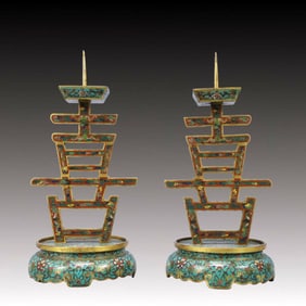 A Pair of Exquisite Cloisonne Auspicious Cloud Pattern Xi-Character Candlesticks