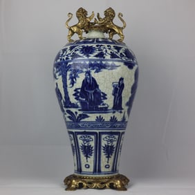 A Huge Blue and White Figure and Story Pattern Inlaid Bronze Lion-Ears Vase