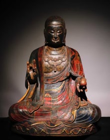A Solemn Limestone Painted Color Statue of Kshitigarbha Bodhisattva