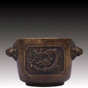 An Exquisite Bronze Dragon Pattern Beast-Ears Censer,Qing Dynasty, China,With