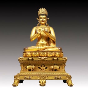 A Solemn Gilt Bronze Statue of Amitayus, Inlaid Gems, With Inscription