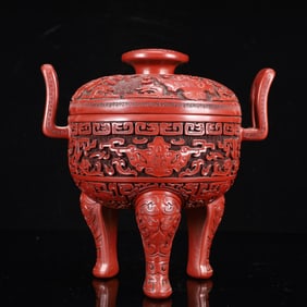 An Exquisite Carved Red Lacquer Beast-Face Pattern Double-Ears Beast Legs Censer
