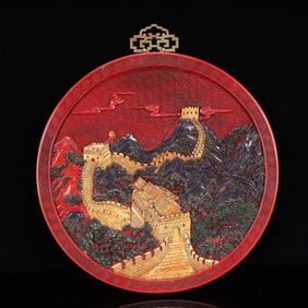 A Huge Carved Red Lacquer Painted Color Landscape Pattern Hanging Panel