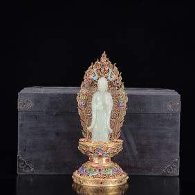 An Exquisite Filigree and Gilding Inlaid White Jade Statue of Sakyamuni,Inlaid White Jade