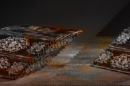 An Exquisite Carved Lacquer Painted Gold Landscape Pattern Box