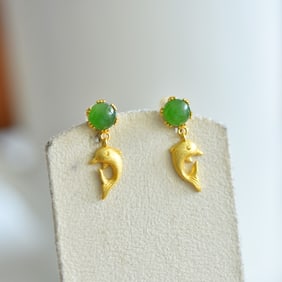 A Pair of Exquisite Sterling Silver-Gold Plated Inlaid Jasper Earrings