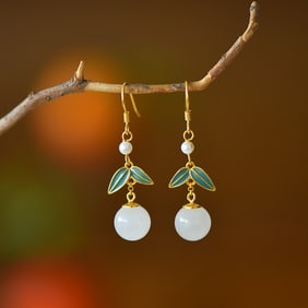 A Pair of Exquisite Sterling Silver Inlaid White Jade Bamboo Pattern Earrings