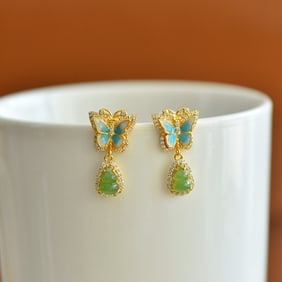 A Pair of Exquisite Sterling Silver-Gold Plated Inlaid Jasper Earrings,Inlaid Diamond