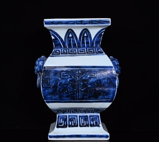 An Exquisite Blue and White Auspicious Beast Pattern Lion-Ears Vase